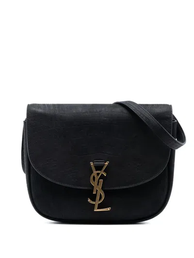 Pre-owned Saint Laurent 2020 Medium Croc Embossed Nubuck Monogram Kaia Crossbody Bag In Black