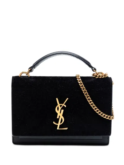 Pre-owned Saint Laurent 2020 Medium Suede And Calfskin Monogram Sunset Top Handle Bag Satchel In Black