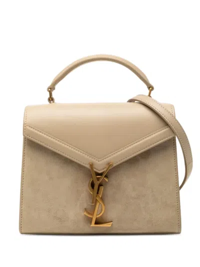 Pre-owned Saint Laurent 2020 Mini Suede And Calfskin Cassandra Top Handle Bag Satchel In Neutral
