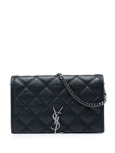 Pre-owned Saint Laurent 2020 Quilted Diamond Lambskin Becky Wallet On Chain Crossbody Bag In Black