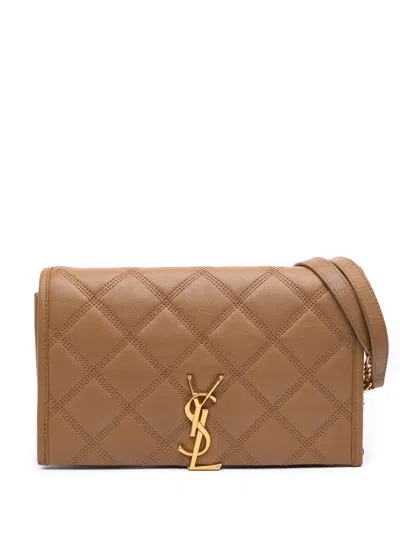Pre-owned Saint Laurent 2020 Quilted Diamond Lambskin Becky Wallet On Chain Crossbody Bag In Brown