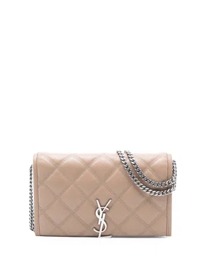 Pre-owned Saint Laurent 2020 Quilted Diamond Lambskin Becky Wallet On Chain Shoulder Bag In Brown
