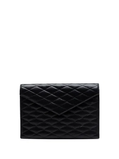 Pre-owned Saint Laurent 2020 Quilted Lambskin Envelope Pouch Clutch Bag In Black