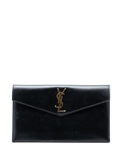 Pre-owned Saint Laurent 2020 Smooth Shiny Calfskin Monogram Uptown Pouch Clutch Bag In Black