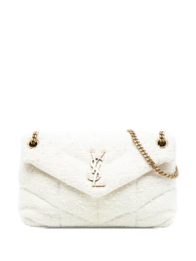 Pre-owned Saint Laurent 2020 Toy Boucle Tweed Loulou Puffer Shoulder Bag In White