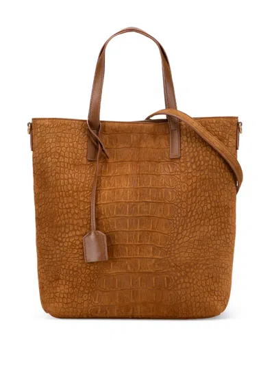 Pre-owned Saint Laurent 2020 Toy Croc Embossed Suede North South Shopping Tote Satchel In Brown