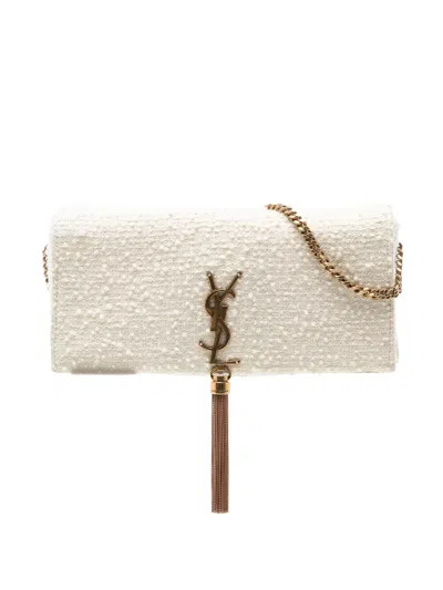 Pre-owned Saint Laurent 2020 Tweed Monogram Kate 99 Tassel Bag Satchel In White