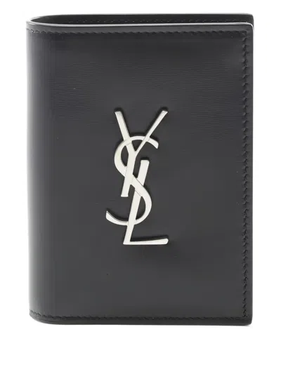 Pre-owned Saint Laurent 2020s Cassandra Logo Leather Card Case In Black