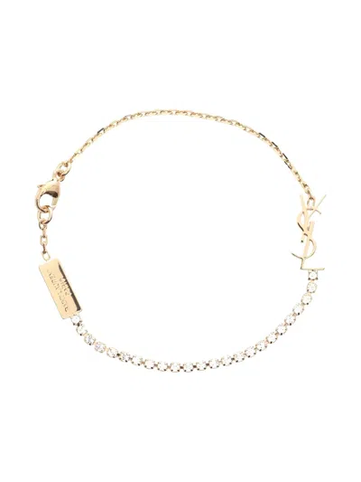 Pre-owned Saint Laurent 2020s Cassandre Charm Rhinestone Bracelet In Gold