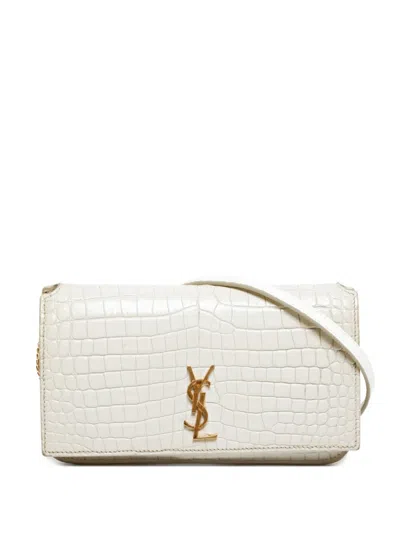 Pre-owned Saint Laurent 2020s Crocodile-embossed Chain Phone Case In White