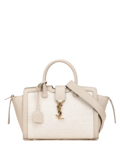 Pre-owned Saint Laurent 2021 Baby Canvas And Calfskin Monogram Downtown Cabas Satchel In Brown