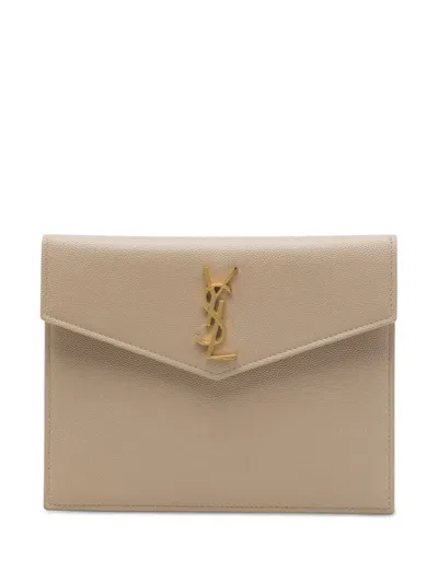Pre-owned Saint Laurent 2021 Baby Grain De Poudre Uptown Pouch Clutch Bag In Neutrals