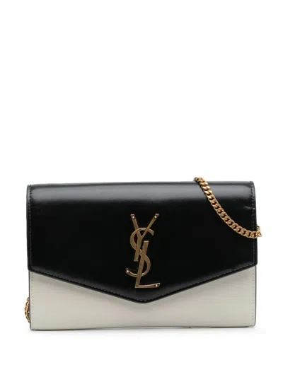 Pre-owned Saint Laurent 2021 Bicolor Calfskin Uptown Chain Wallet Crossbody Bag In Black