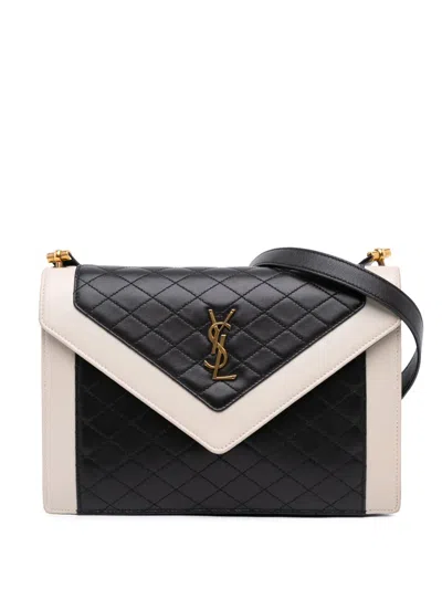 Pre-owned Saint Laurent 2021 Bicolor Quilted Lambskin Gaby Crossbody Bag In Black