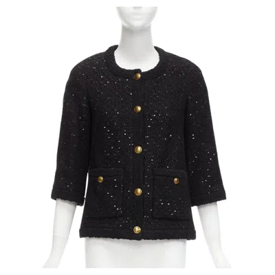 Pre-owned Saint Laurent 2021 Black Wool Sequinned Tweed Gold Button Jacket Fr34 Xs