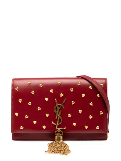 Pre-owned Saint Laurent 2021 Calfskin Heart Studded Classic Monogram Kate Tassel Wallet On Chain Crossbody Bag In Red