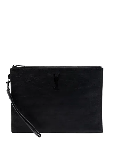 Pre-owned Saint Laurent 2021 Croc Embossed Leather Monogram Zip Pouch Clutch Bag In Black