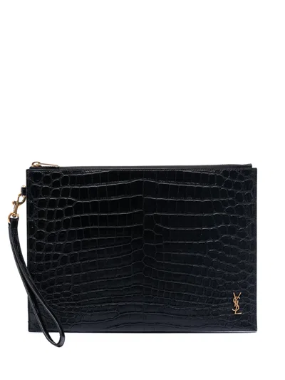 Pre-owned Saint Laurent 2021 Croc Embossed Leather Tiny Monogram Zipped Tablet Holder Clutch Bag In Black