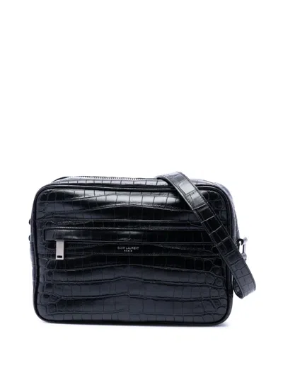 Pre-owned Saint Laurent 2021 Crocodile Embossed Leather Camp Camera Bag Crossbody Bag In Black