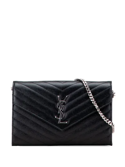 Pre-owned Saint Laurent 2021 Grain De Poudre Cassandre Envelope Chain Wallet Crossbody Bag In Black