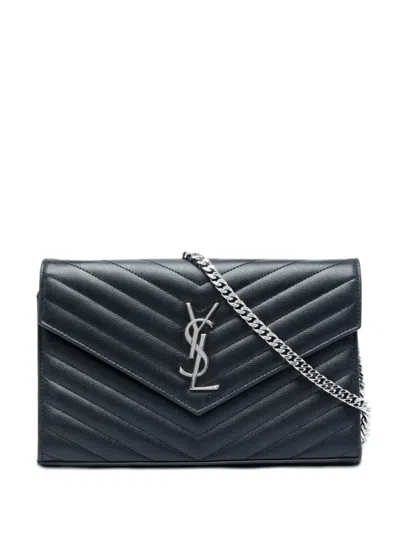 Pre-owned Saint Laurent 2021 Grain De Poudre Chevron Cassandre Envelope Chain Wallet Crossbody Bag In Black