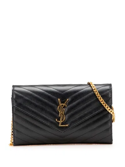 Pre-owned Saint Laurent 2021 Grain De Poudre Chevron Monogram Envelope Chain Wallet Crossbody Bag
