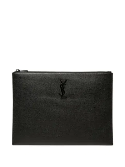 Pre-owned Saint Laurent 2021 Grain De Poudre Monogram Monochrome Ipad Case Clutch Bag In Black