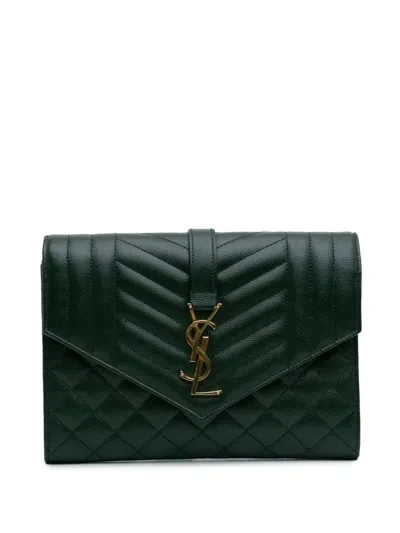 Pre-owned Saint Laurent 2021 Grain De Poudre Triquilt Monogram Envelope Clutch Bag In Green