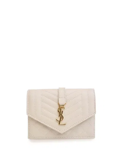 Pre-owned Saint Laurent 2021 Grain De Poudre Triquilt Monogram Envelope Wallet Small Wallets In White