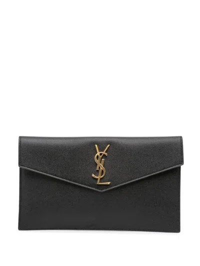 Pre-owned Saint Laurent 2021 Grain De Poudre Uptown Pouch Clutch Bag In Black