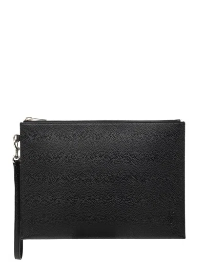 Pre-owned Saint Laurent 2021 Grained Calfskin Monogram Clutch Bag In Black