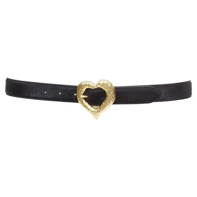 Pre-owned Saint Laurent 2021 Heart Buckle Black Calf Hair Gold Hammered Metal Belt 65cm