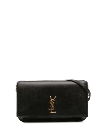 Pre-owned Saint Laurent 2021 Leather Monogram Cassandre Phone Holder Crossbody Bag In Black
