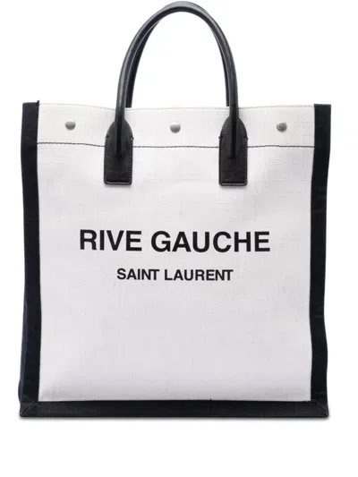 Pre-owned Saint Laurent 2021 Linen Rive Gauche North South Tote Bag In White