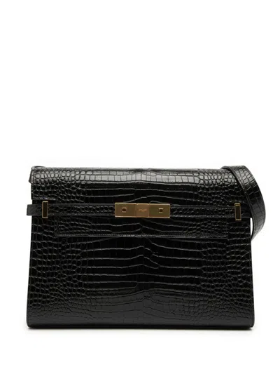 Pre-owned Saint Laurent 2021 Medium Shiny Croc Embossed Manhattan Shoulder Bag In Black