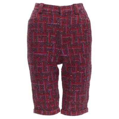 Pre-owned Saint Laurent 2021 Pink Red Geometric Tweed Knee Length Shorts Fr34 Xs