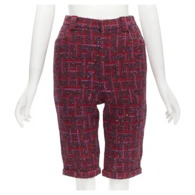 Pre-owned Saint Laurent 2021 Pink Red Geometric Tweed Knee Length Shorts Fr34 Xs