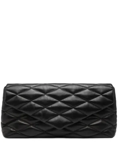 Pre-owned Saint Laurent 2021 Quilted Lambskin Sade Puffer Envelope Clutch Bag In Black