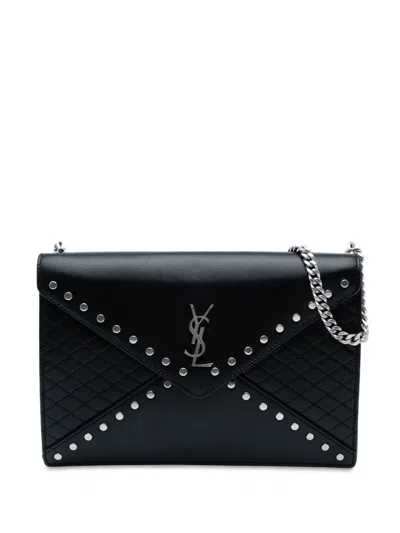 Pre-owned Saint Laurent 2021 Quilted Lambskin Studded Monogram Gaby Shoulder Bag In Black