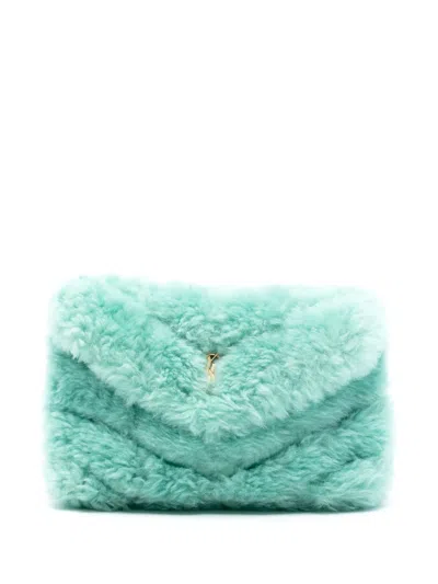 Pre-owned Saint Laurent 2021 Shearling Loulou Puffer Clutch Bag In Green