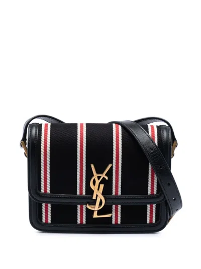 Pre-owned Saint Laurent 2021 Small Canvas Striped Solferino Satchel In Box Crossbody Bag In Black