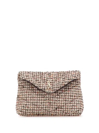 Pre-owned Saint Laurent 2021 Small Tweed Loulou Puffer Clutch Bag In Brown