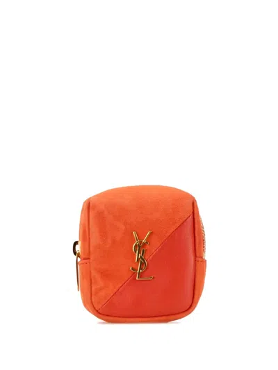Pre-owned Saint Laurent 2021 Suede And Calfskin Jamie Cube Charm Coin Pouch In Orange