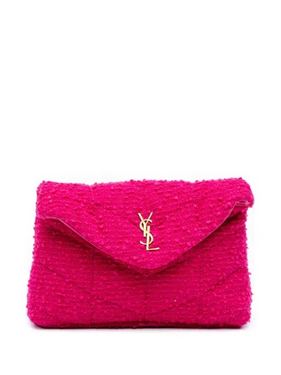 Pre-owned Saint Laurent 2021 Toy Boucle Tweed Loulou Puffer Clutch Bag In Pink