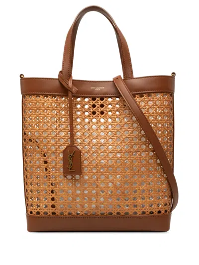 Pre-owned Saint Laurent 2021 Toy Rattan And Calfskin North South Shopping Tote Satchel In Brown