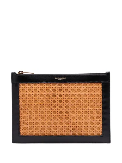 Pre-owned Saint Laurent 2021 Wicker Rattan Pouch In Brown