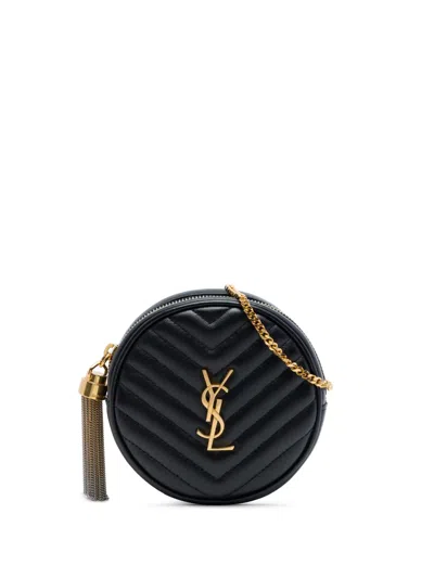 Pre-owned Saint Laurent 2022 Baby Chevron Calfskin Round Vinyle Belt Bag In Black