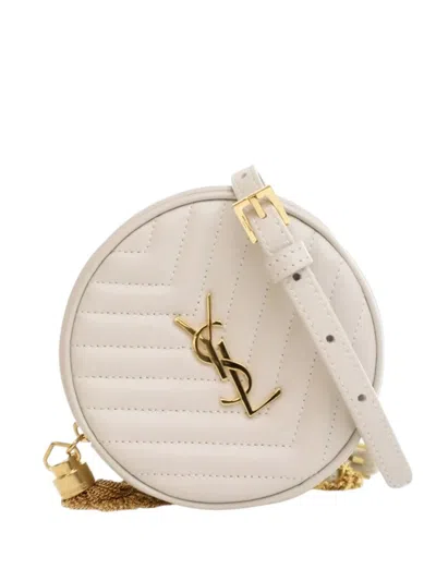Pre-owned Saint Laurent 2022 Baby Chevron Calfskin Round Vinyle Belt Bag In White