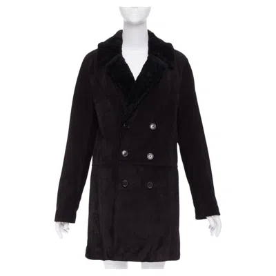 Pre-owned Saint Laurent 2022 Black Suede Leather Shearling Lined Double Breasted Coat Eu44