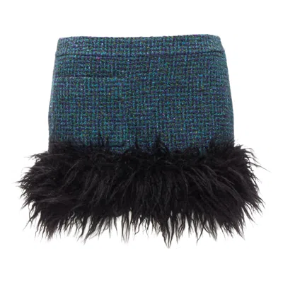 Pre-owned Saint Laurent 2022 Blue Tweed Faux Fur Trim Mini Skirt Fr38 M